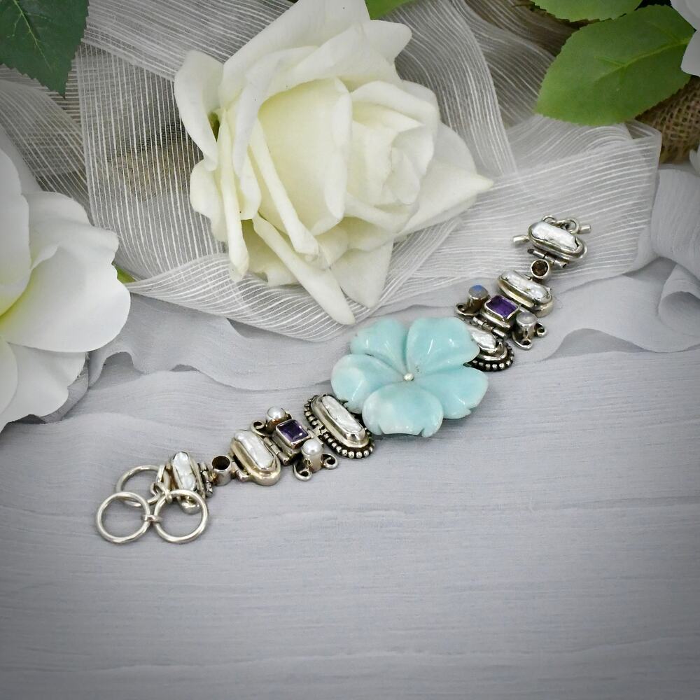 Artisan Sterling Silver Carved Jade Flower Statement Bracelet 78g Multi Gem 7-8"